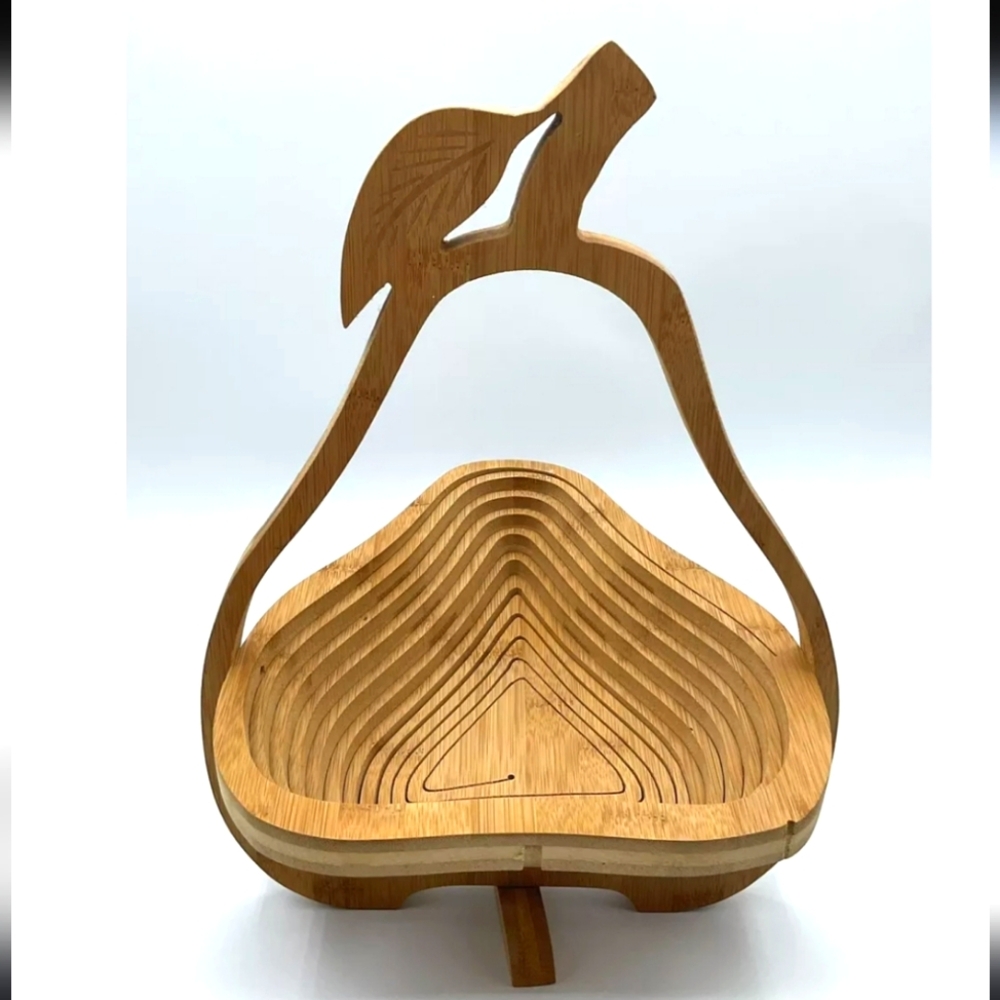 Wooden Pear Shaped Collapsible Basket Trivet Carved Fruit Bowl Spiral Cut Decor